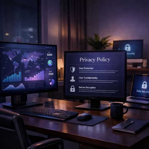 Envision a sophisticated business environment featuring sleek computer screens displaying complex data analytics and privacy policies The room is illu
