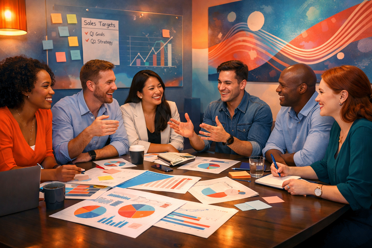 Imagine a vibrant modern office scene where a diverse group of sales representatives are engaged in a dynamic brainstorming session The room is filled-1