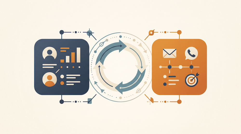 Illustration of two connected software platforms linked by a two-way sync arrow.