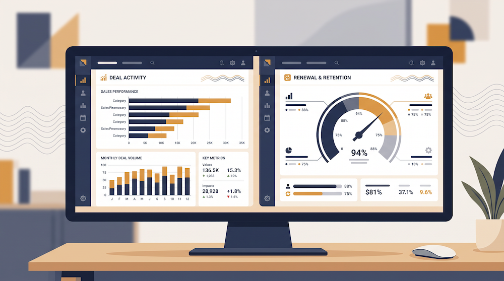Two side-by-side HubSpot dashboard views, one showing deal activity metrics and one showing renewal and retention data.