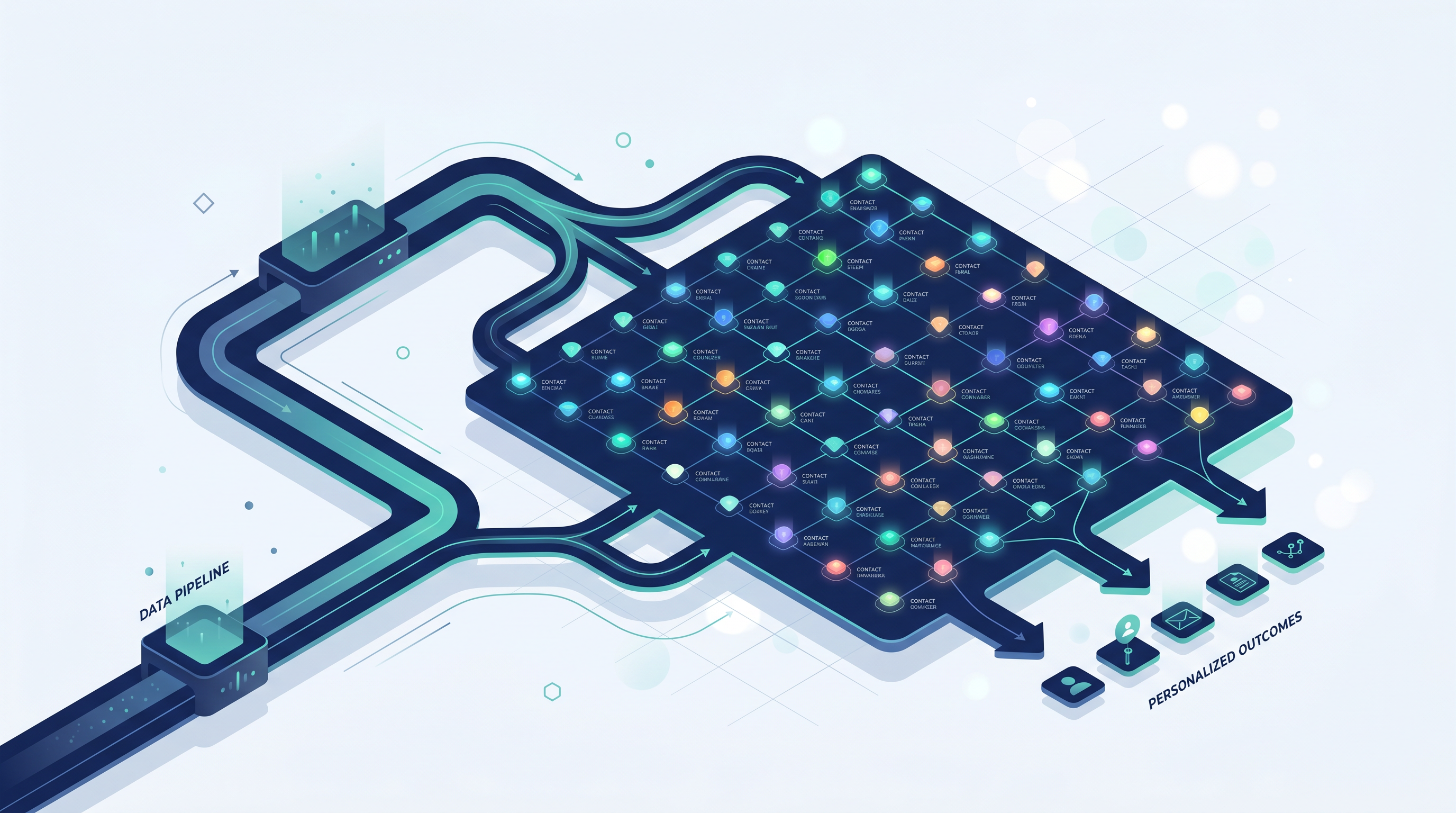 Illustration of data enrichment flowing into personalized outbound contact nodes.