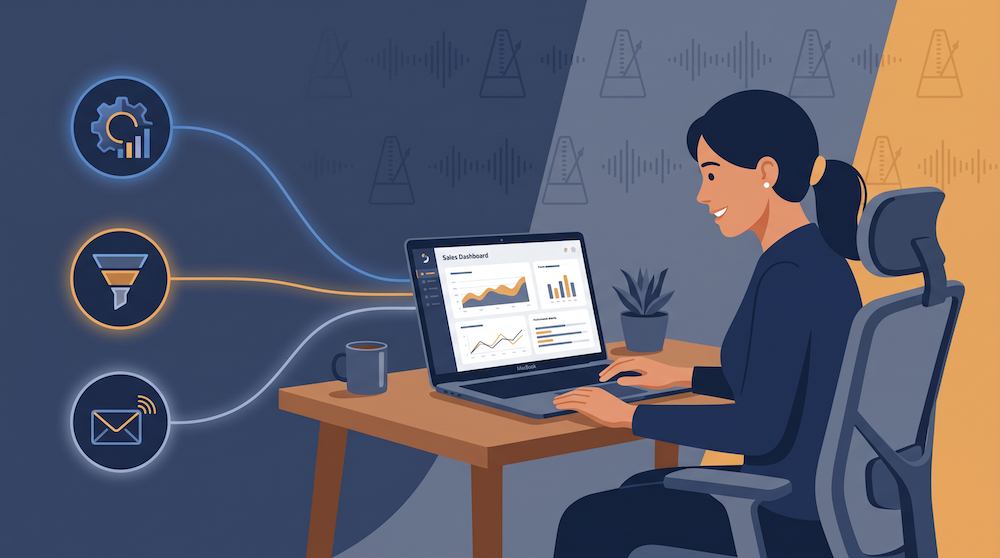Illustration of a sales rep at a laptop with product usage, pipeline, and outbound data streams flowing into one connected CRM dashboard, representing a data-driven SaaS GTM system.