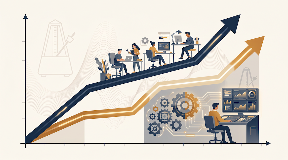 Illustration comparing an outbound sales agency team executing manual outreach with a single fractional RevOps specialist building automated sales systems, representing two paths to scalable B2B sales.