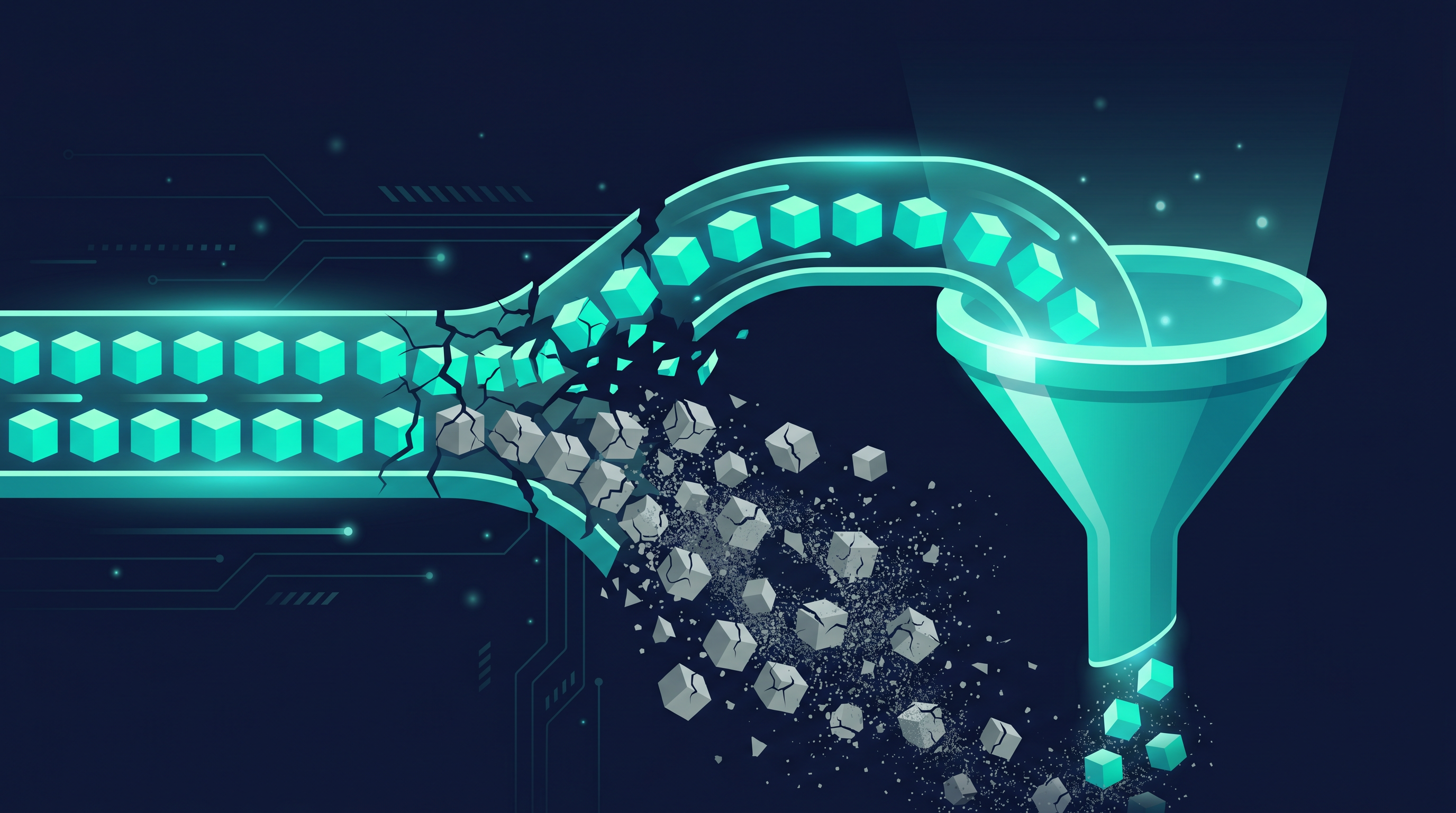 Illustration of a data pipeline where clean, organized data flows smoothly while corrupted, fragmented data breaks apart before reaching its destination, representing the impact of bad lead data on outbound campaigns.