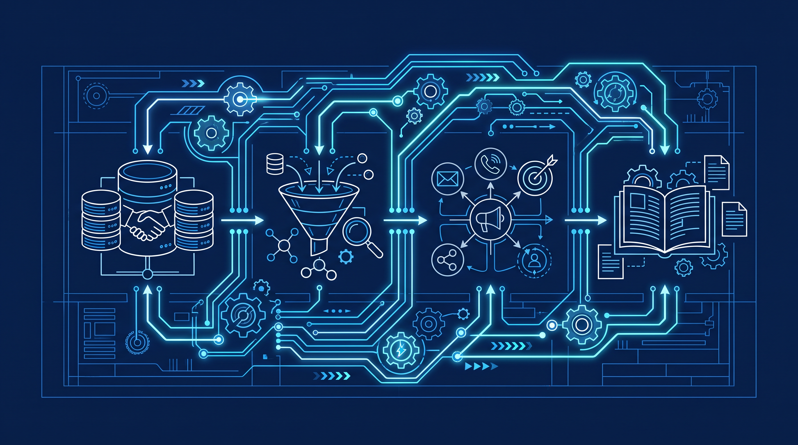 Technical blueprint illustration of existing sales tools, a CRM, sales engagement platform, and data enrichment module, connected by a new glowing layer of wiring and gears that ties them into one system without replacing any of them.