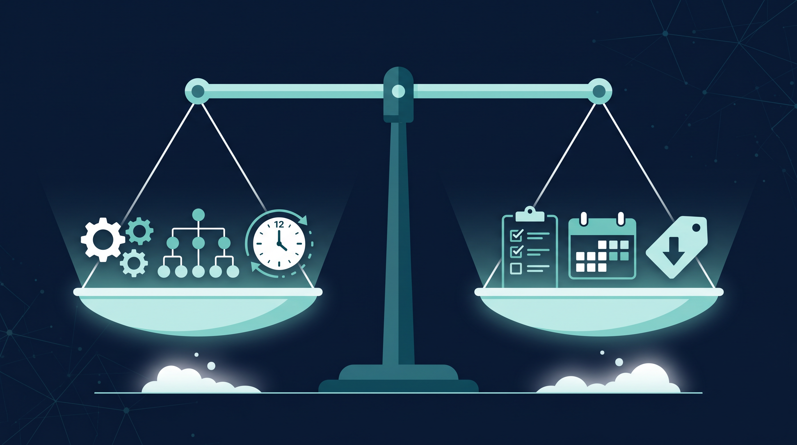 Illustration of a balance scale weighing a full-time RevOps hire, represented by interlocking gears, an org chart, and round-the-clock coverage, against a fractional engagement, represented by a project checklist, a defined timeline, and lower cost.