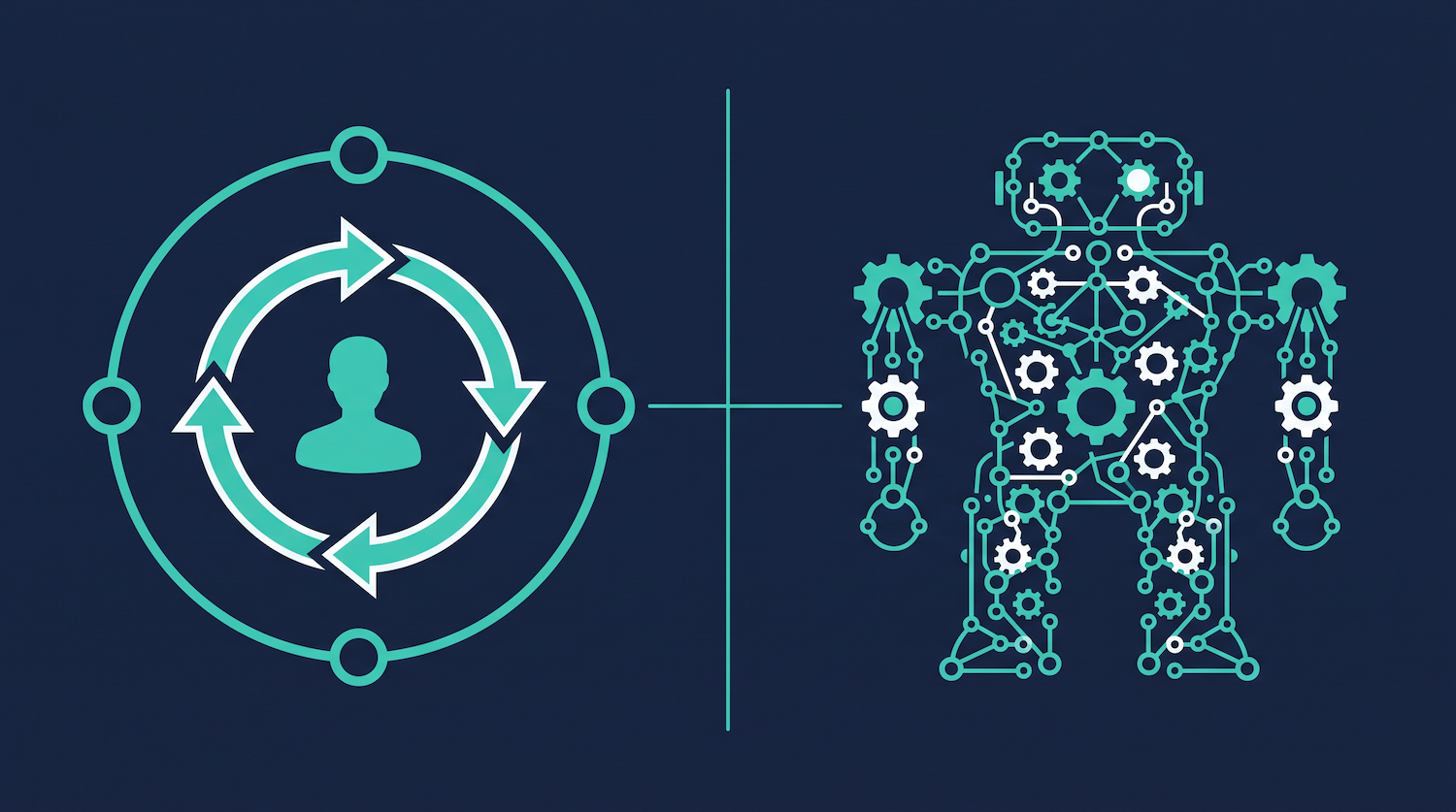 Split illustration of a renewal-cycle icon representing an account manager beside a network of gears representing a full GTM agency.