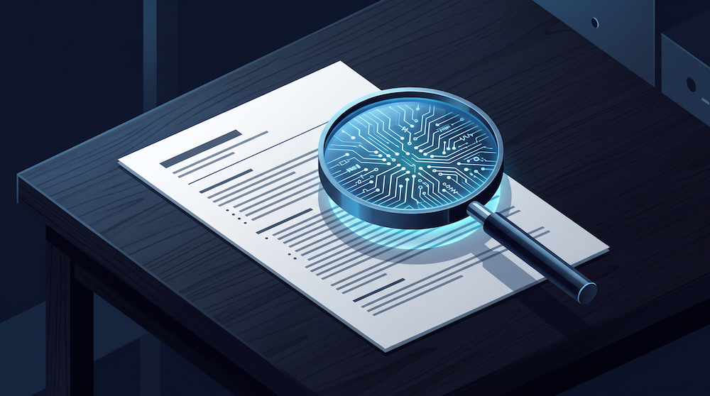 Illustration of a magnifying glass over a resume revealing a circuit pattern underneath, representing verifying a candidate's real AI experience.
