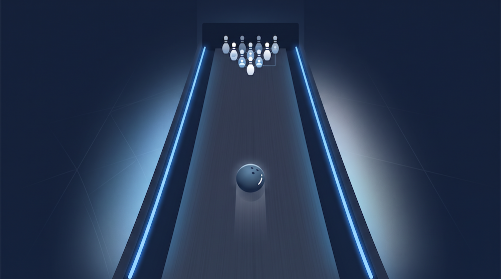 Illustration of a bowling lane with glowing guide rails keeping a ball on a straight path toward pins shaped like data nodes, representing AI guiding sales execution.