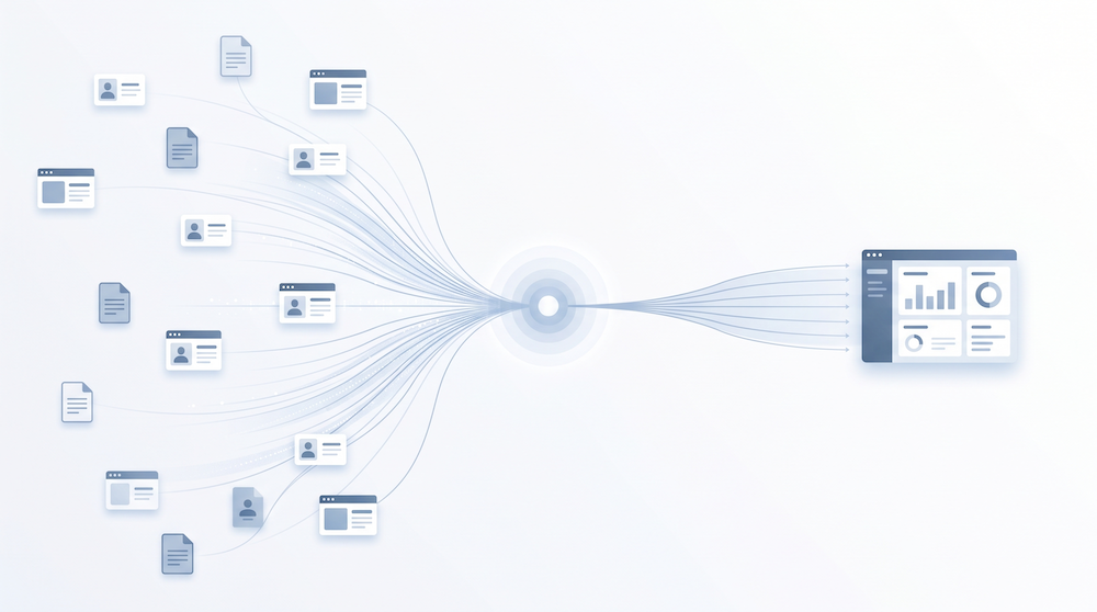 Illustration showing scattered data from multiple business tools flowing into one central workspace, then out again as clean, organized data heading to a CRM.
