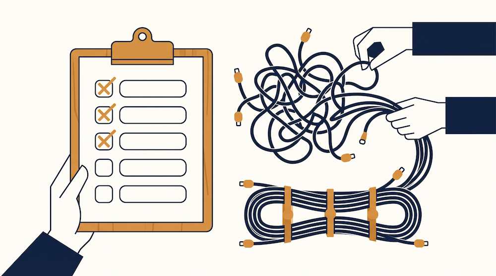 Illustration of a checklist next to a tangled cable being organized, in navy and amber.