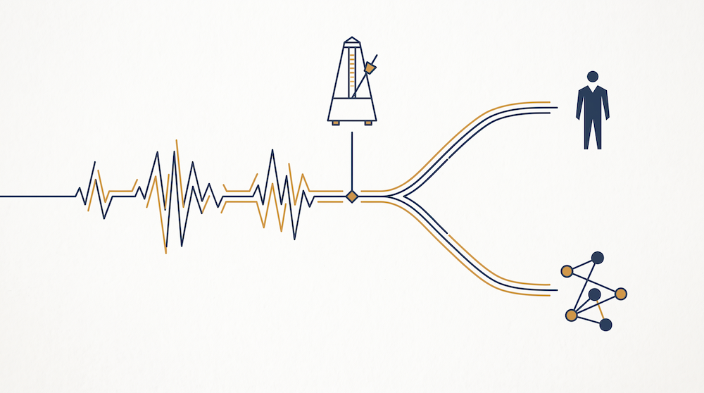 Illustration of a soundwave splitting into one path toward an individual and one toward a connected team, in navy and amber.
