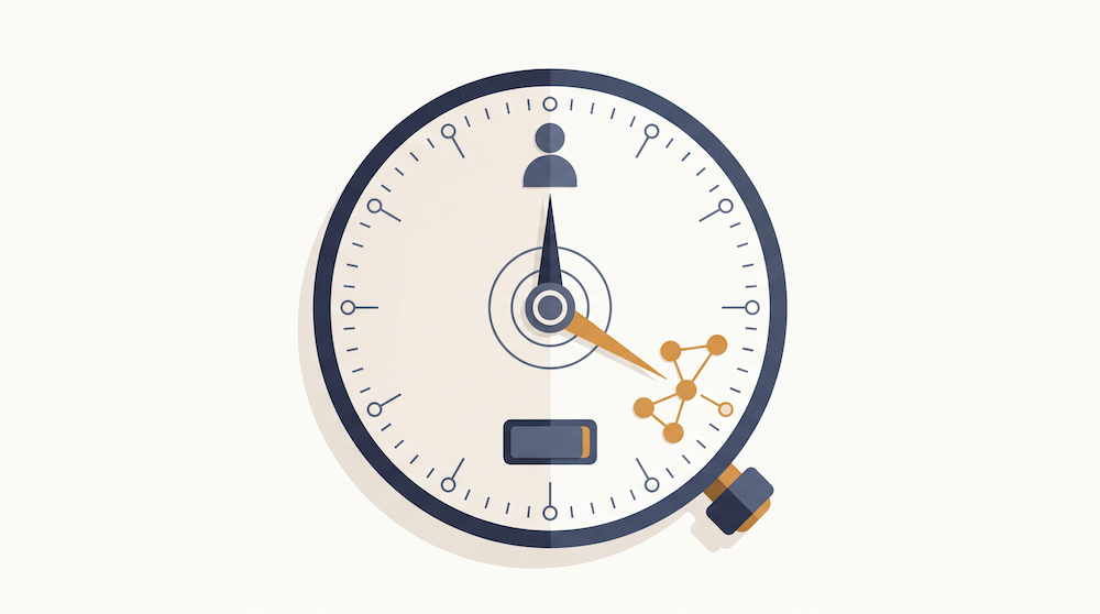 Illustration of a metronome dial splitting between a single figure and a connected team, in navy and amber.