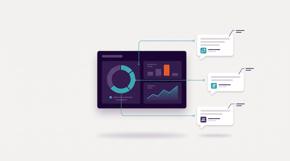 Illustration of an analytics dashboard with charts linked by teal lines to three chat bubbles, representing AI answers citing a source.