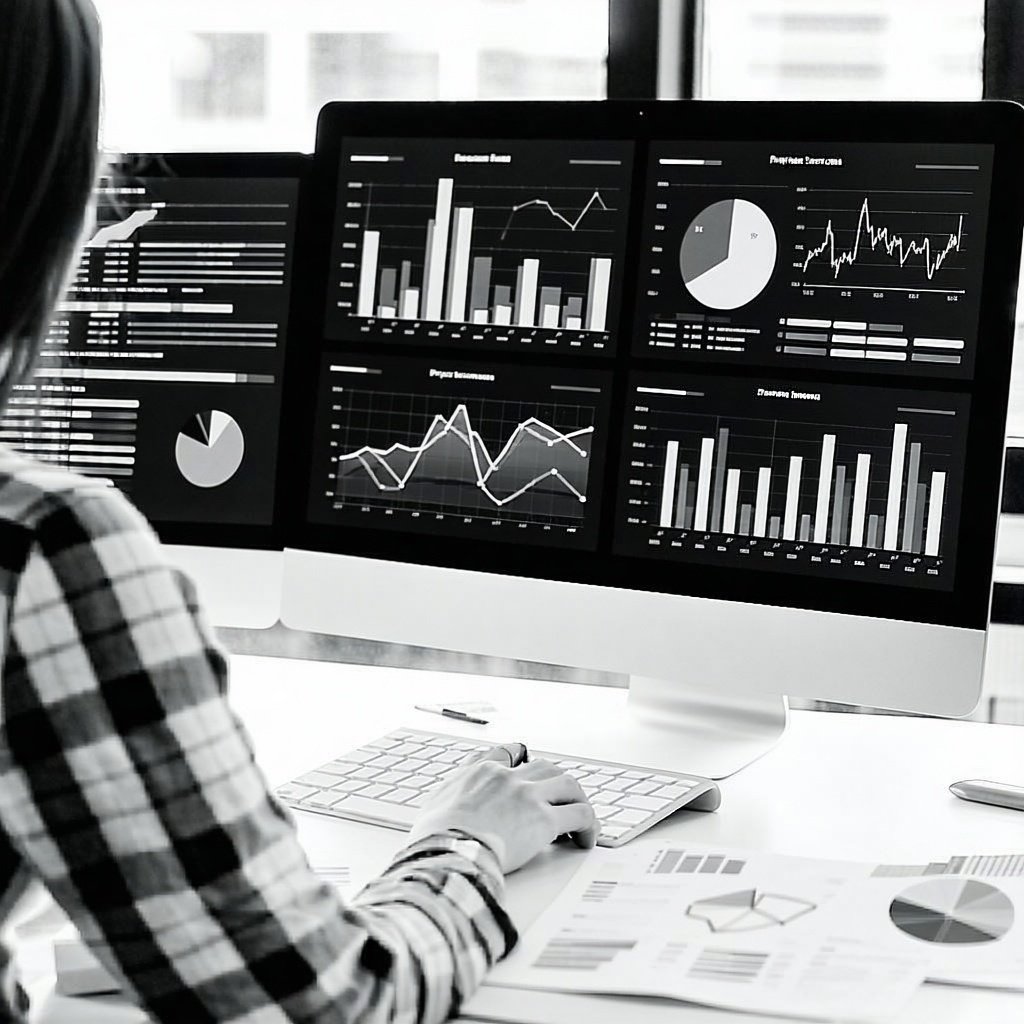 Trying to have a smaller image of someone working on computer with charts and performance reports Should be black and white-1
