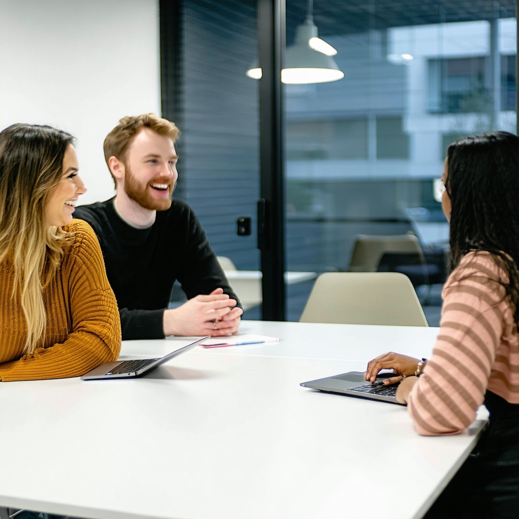 people at a desk chatting