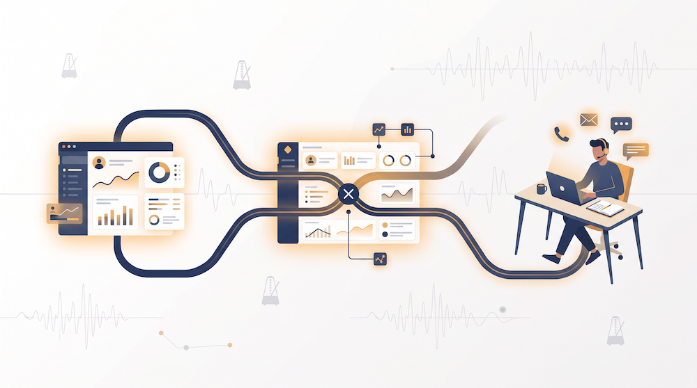Illustration showing product usage data and sales-led outreach converging into one connected system, representing a hybrid PLG and sales-led growth operating model.