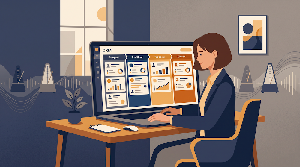 Illustration of a sales rep viewing a CRM dashboard with deal cards on a laptop screen.
