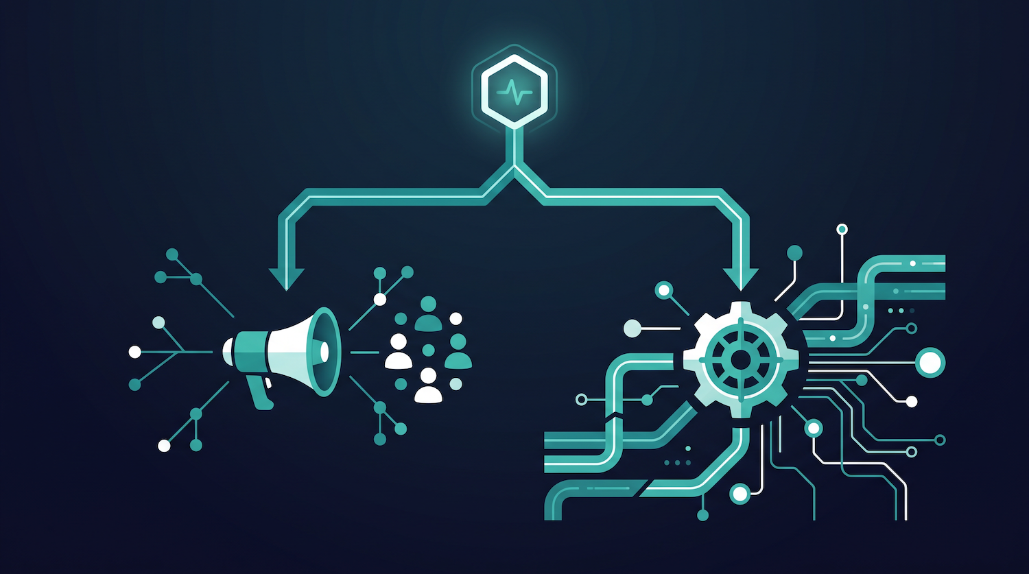 Flowchart illustration branching into a coaching icon and a systems icon, representing the fractional sales manager versus GTM engineer decision.