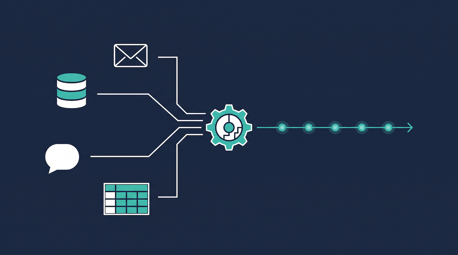 Illustration of scattered tool icons converging through a central gear into one connected automated system.