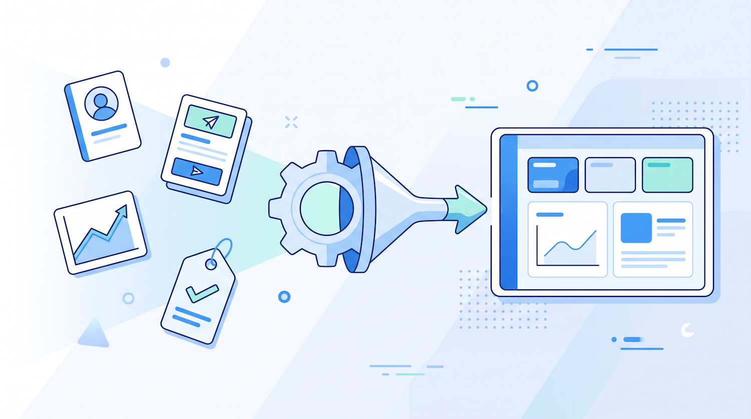 Illustration of scattered contact records, deal stages, and email templates flowing through a funnel into one organized HubSpot dashboard.