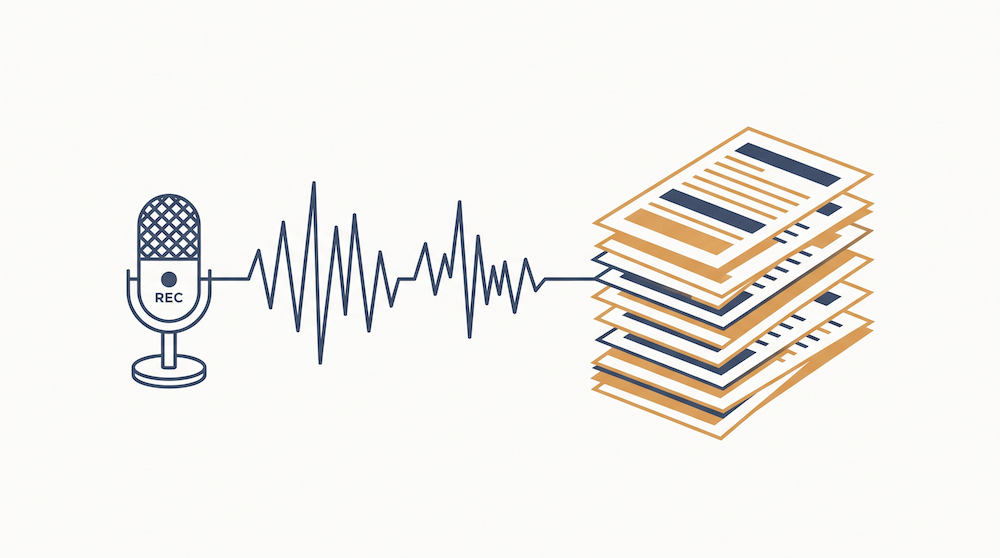 Illustration of a microphone feeding a waveform into document pages, representing turning conversations into content, in navy and amber.